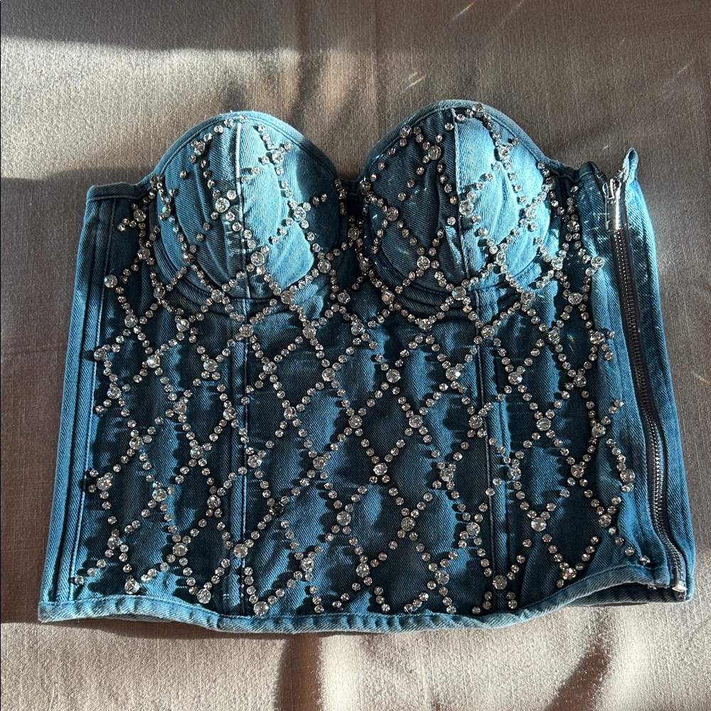EUC Embellished Denim Crop Top